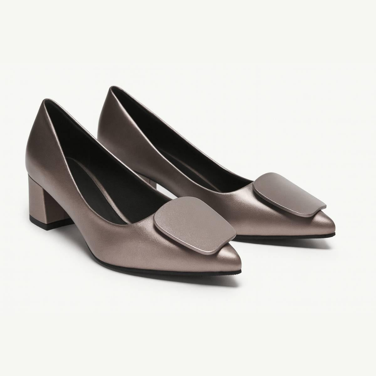 Elara Bronze Sculpted Block Heel front angle view showcasing metallic finish and square detail.