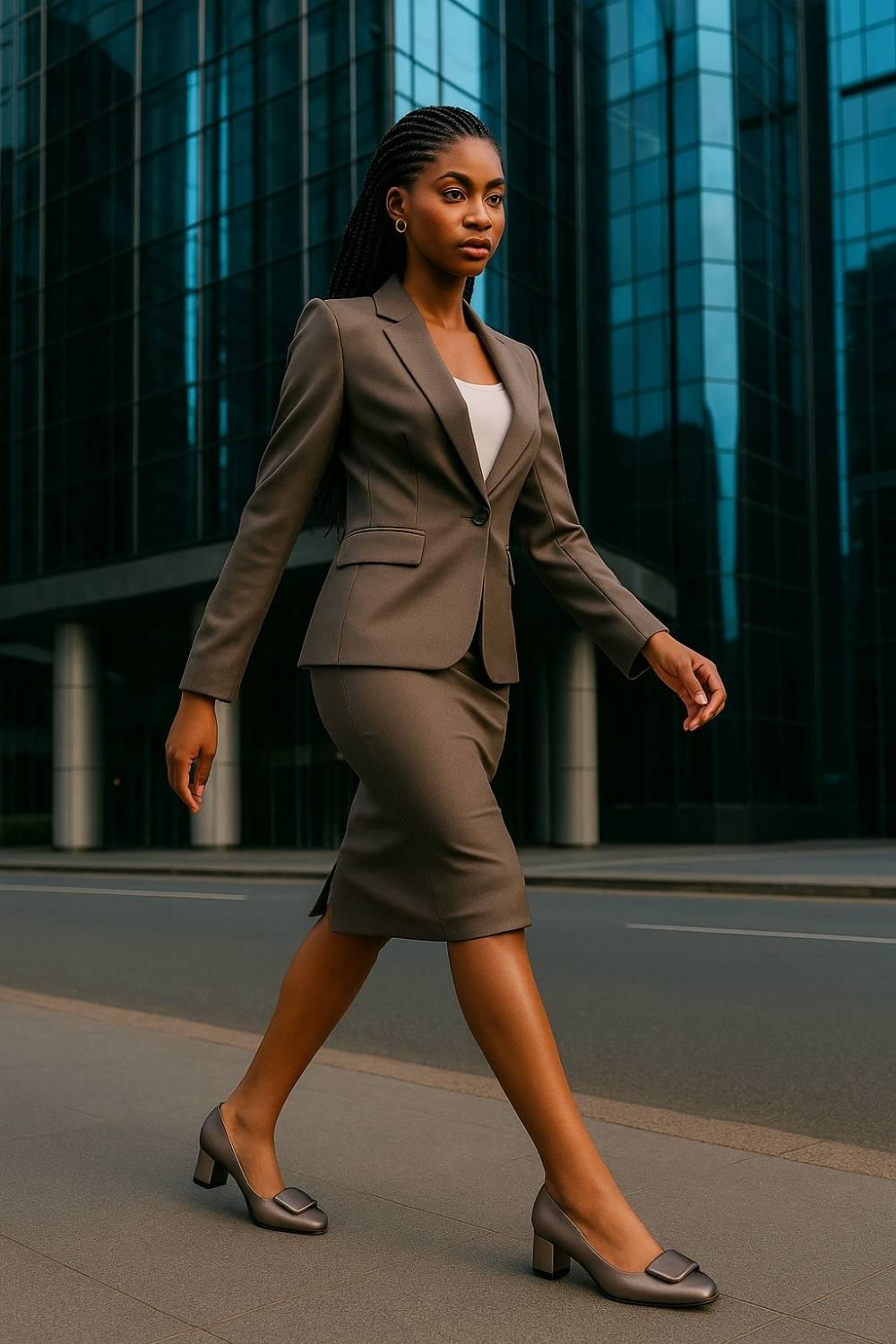 Model walking in Elara Bronze Sculpted Block Heels paired with matching suit, embodying Afro-luxury elegance.