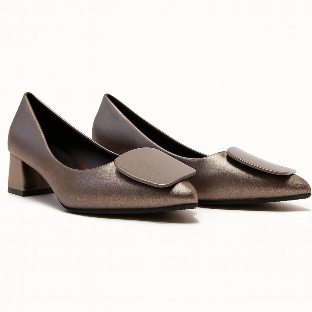 Pair of Elara Bronze Sculpted Block Heels with metallic bronze finish and sculpted block heels.