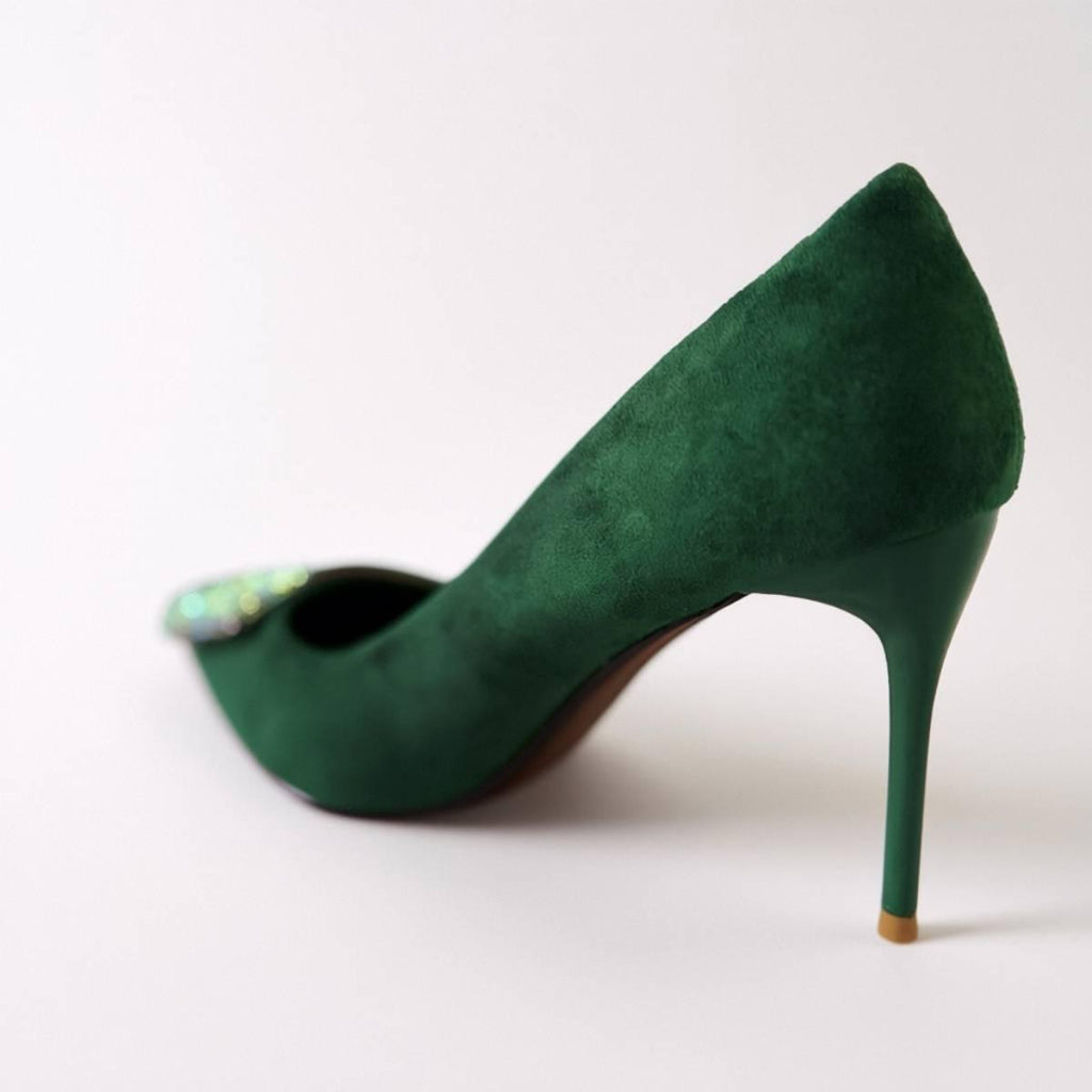 Back angle of Emerald Grace Stiletto highlighting sculpted heel and smooth green suede finish.