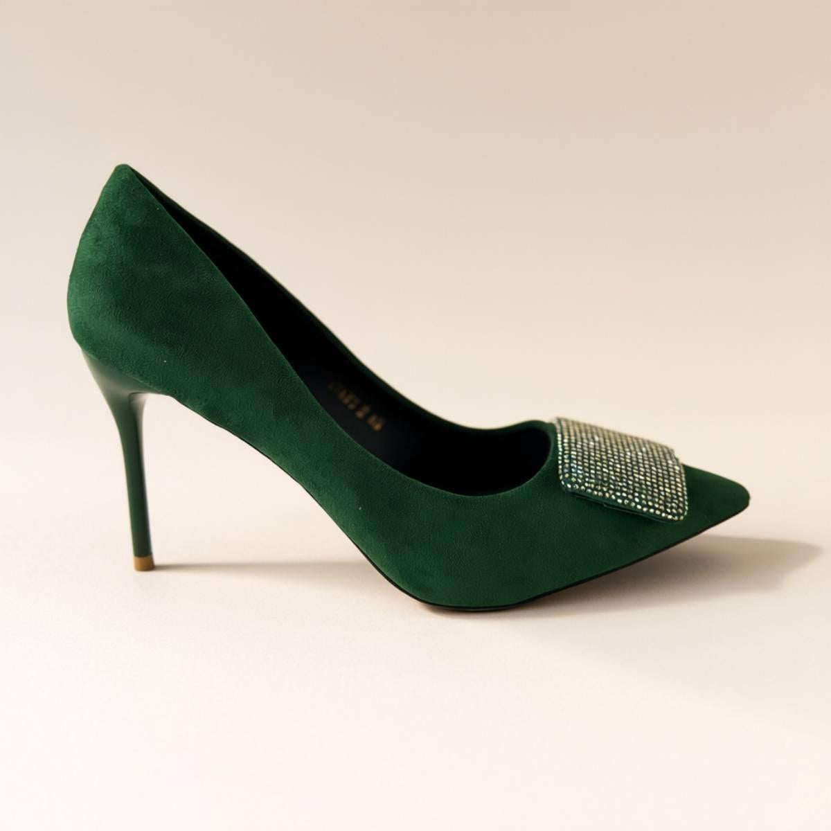 Full side view of the Emerald Grace Stiletto in emerald green suede with sparkling crystal buckle — chic women’s heel.
