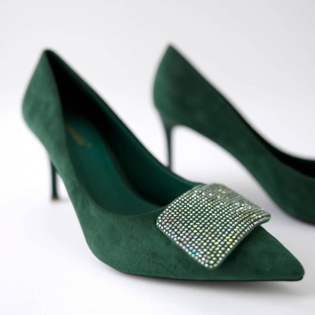 Close-up front view of the Emerald Grace Stiletto in emerald green suede with crystal buckle detailing — Oh! Divine Fashion.