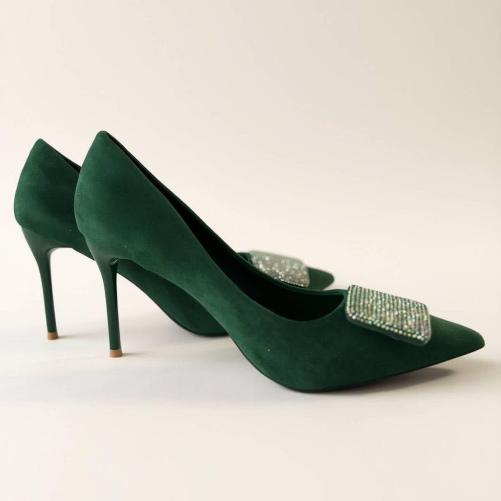 Pair of Emerald Grace Stilettos in emerald green suede with crystal embellishments — elegant women’s heels by Oh! Divine.