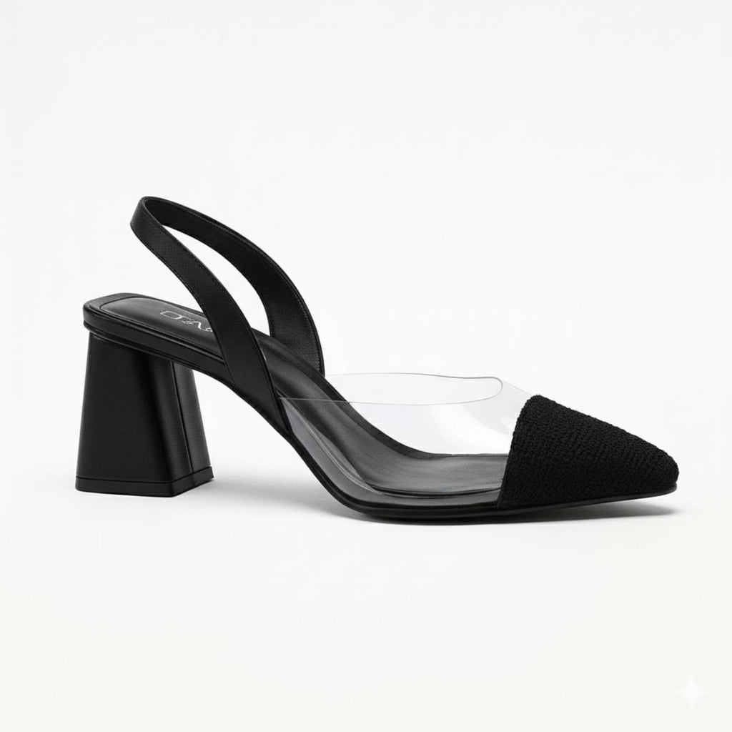 right side profile of Lucent Noir Block Heels with sleek transparent strap and geometric block heel