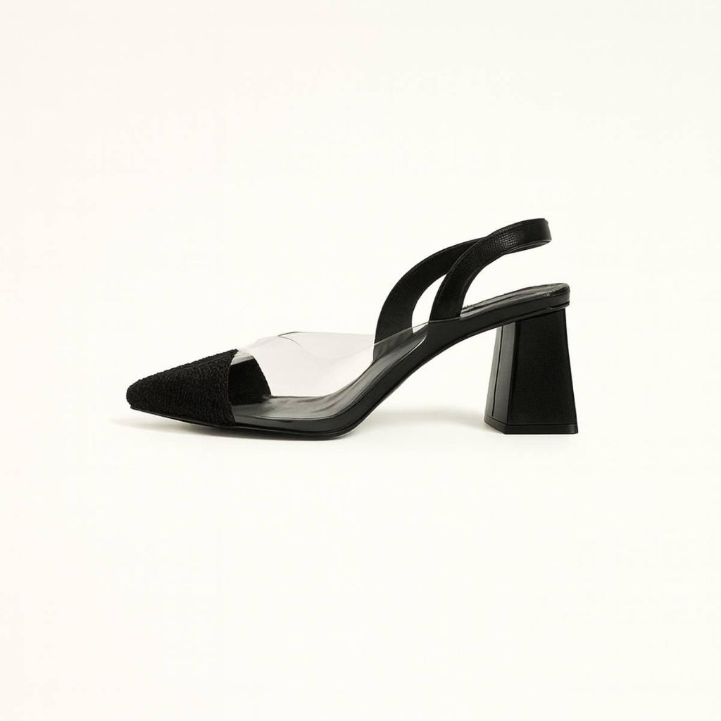 Side profile of Lucent Noir Block Heels with sleek transparent strap and geometric block heel