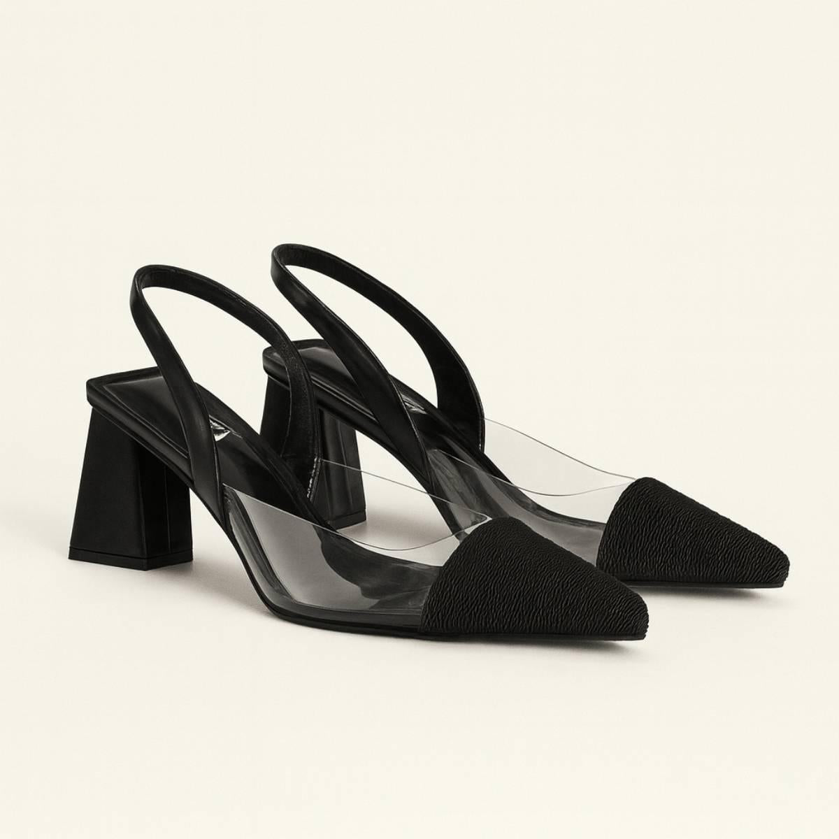 Side view of Oh! Divine Lucent Noir Block Heels featuring black textured toe and clear PVC strap