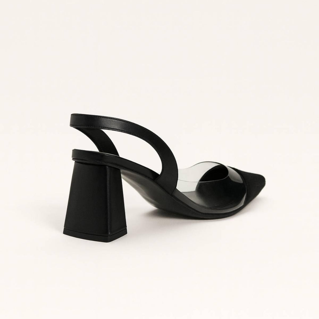 Rear angle of Lucent Noir Block Heels showing slingback strap and modern black block heel