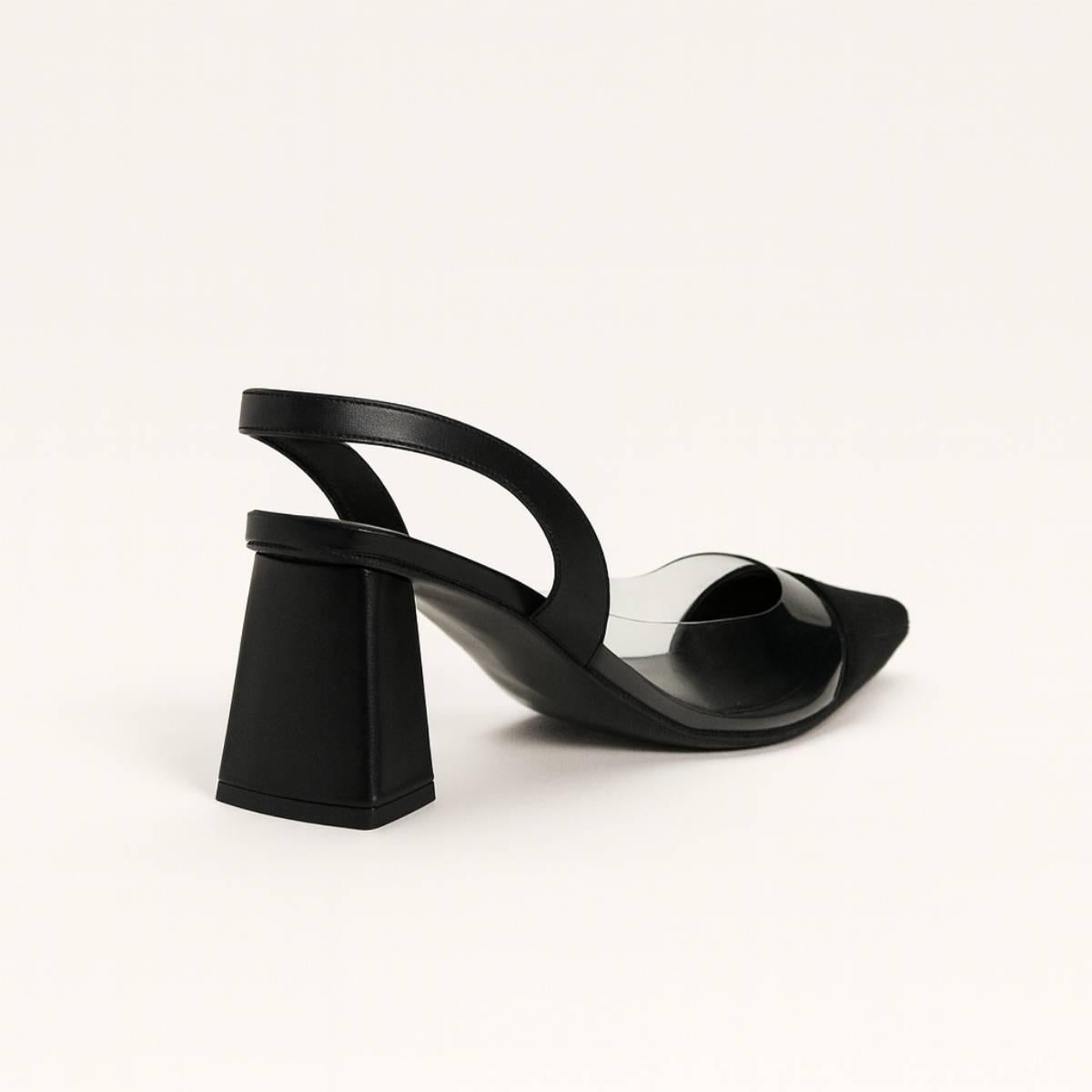 Rear angle of Lucent Noir Block Heels showing slingback strap and modern black block heel