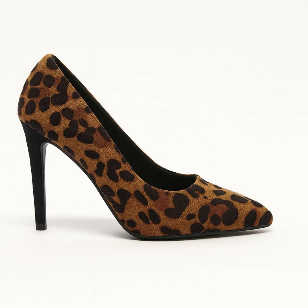 Oh! Divine Nia Wild Grace leopard print pointed-toe pump with sleek high stiletto heel and smooth faux suede finish.