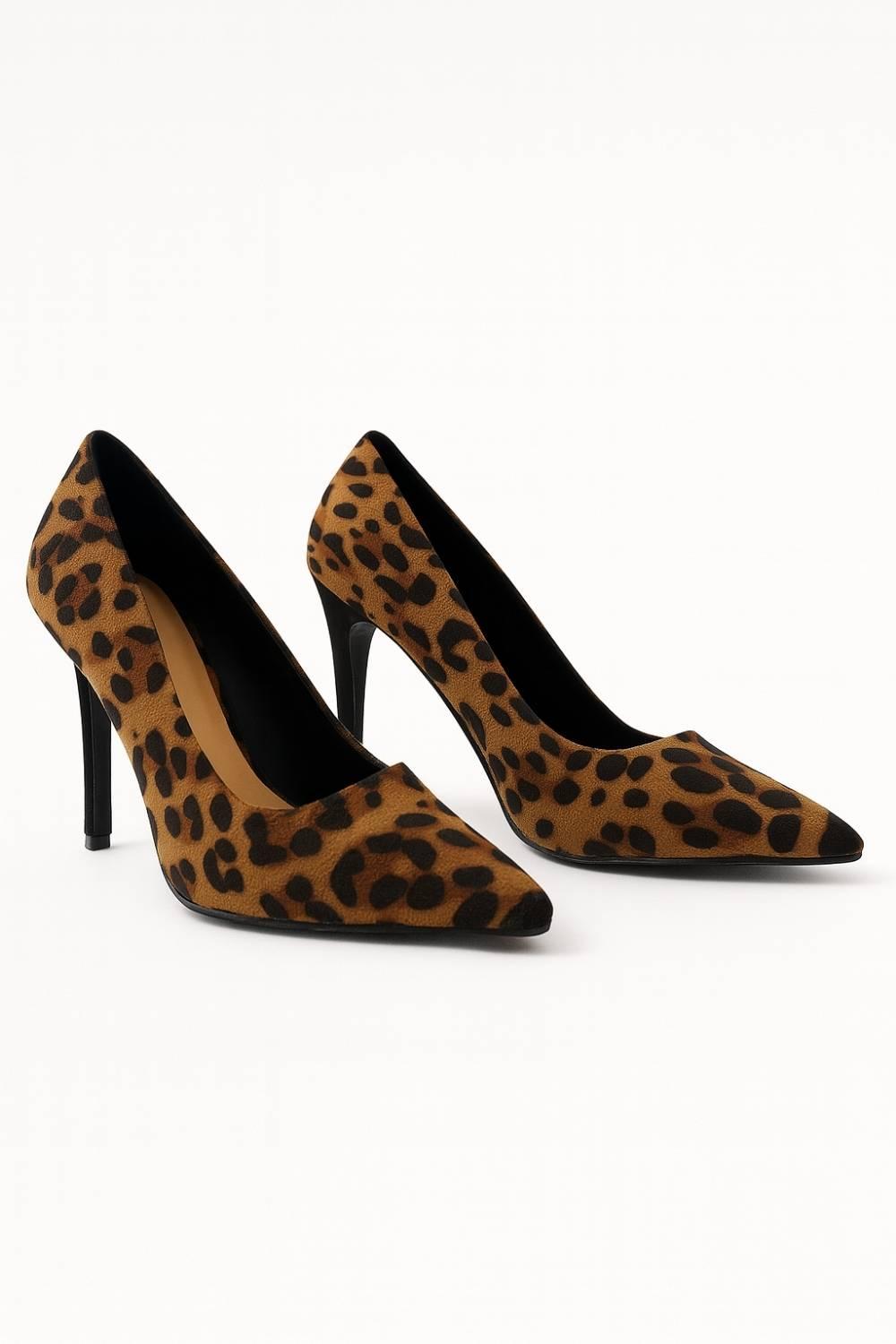 Pair of Oh! Divine Nia Wild Grace leopard print stilettos featuring classic pointed toes and graceful silhouette.