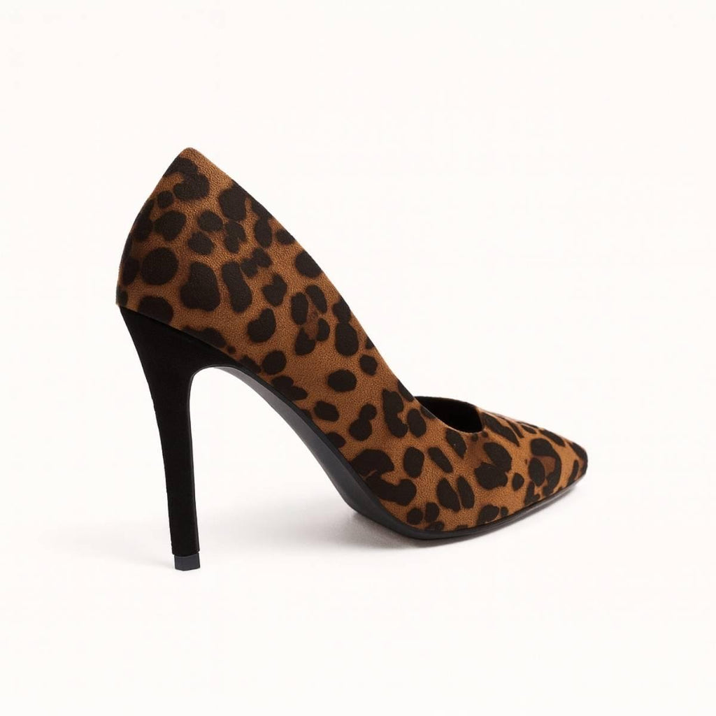 Rear angled shot of Oh! Divine Nia Wild Grace leopard print stiletto heel highlighting elegant arch and soft suede texture.