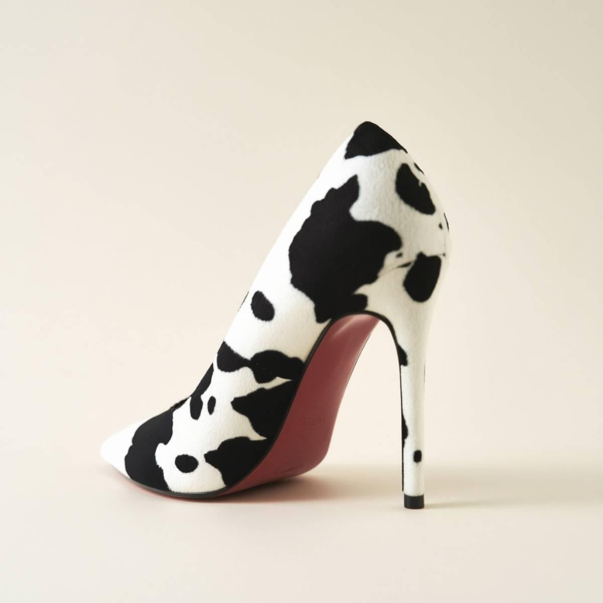 Rear profile of Noir Cowhide Stiletto with cowhide print and glossy red sole.