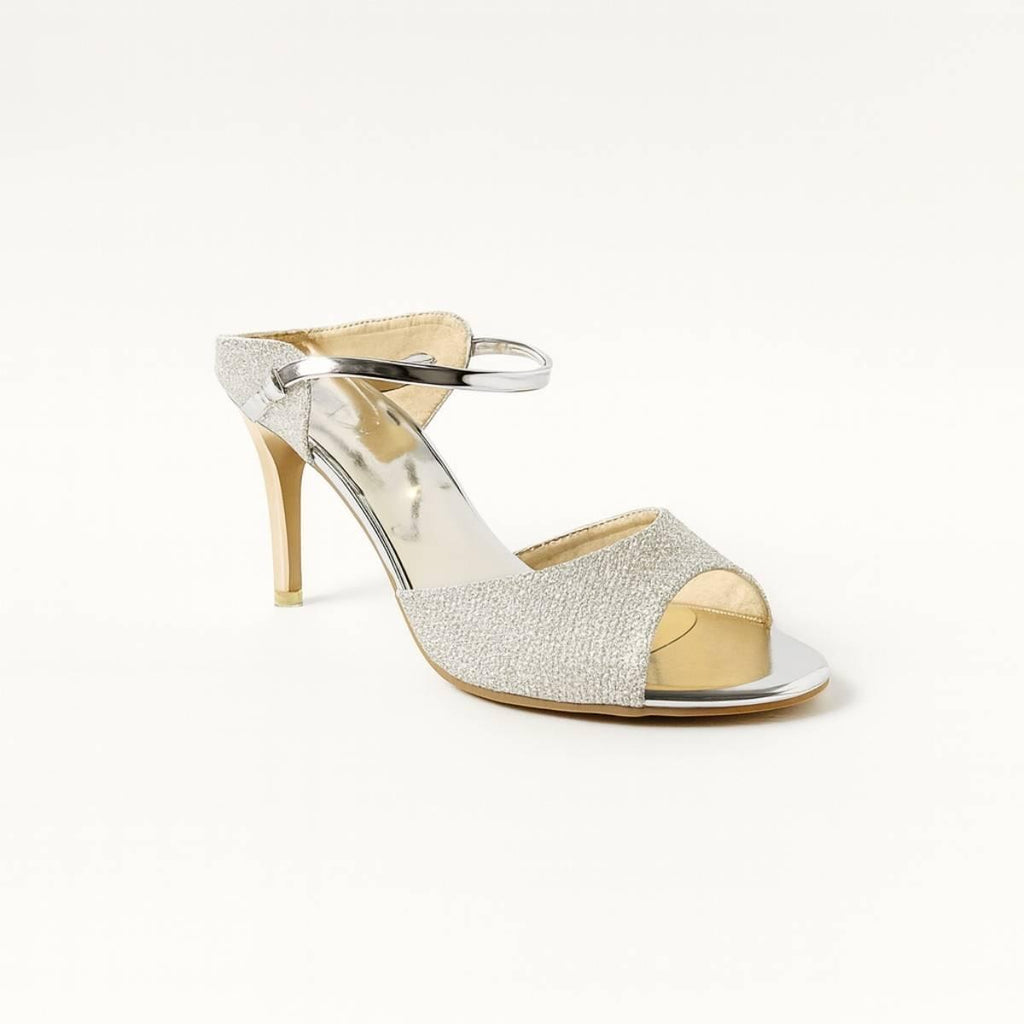 Front angle of Nyla Gold Radiance Stiletto Heel highlighting open toe and luxurious gold detail