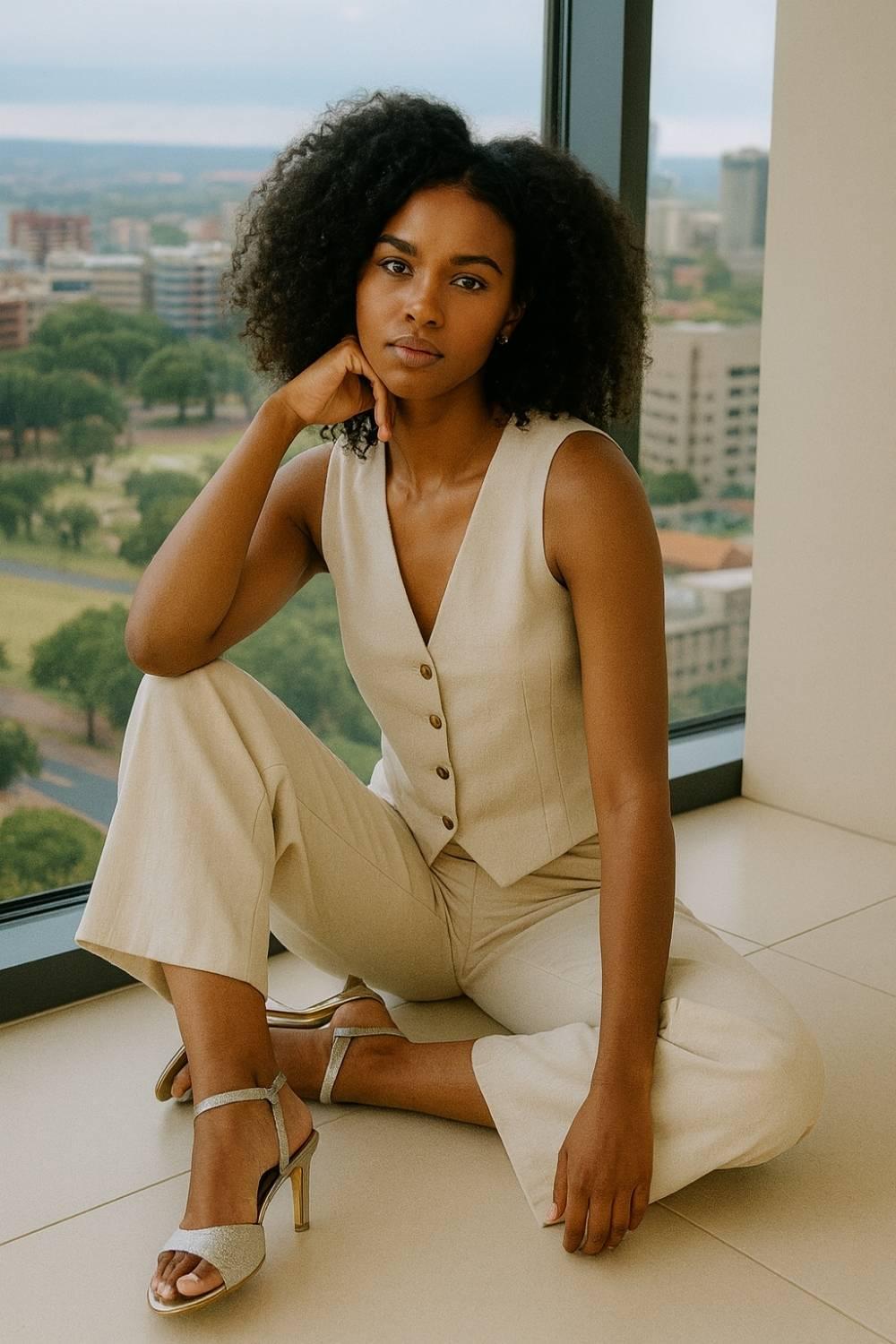 Model wearing Nyla Gold Radiance Stiletto Heels styled with beige tailored outfit for refined corporate chic