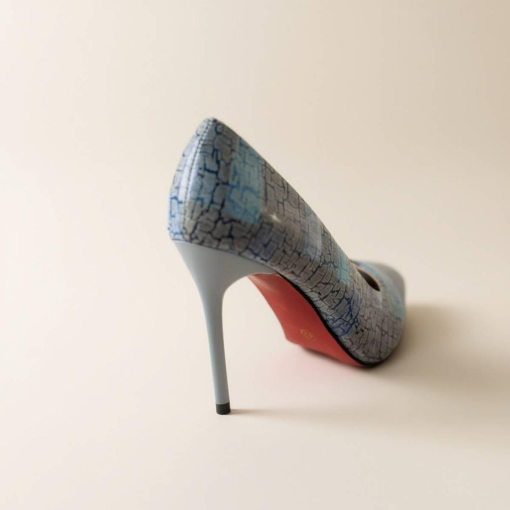 Back view of Oh! Divine Amara Textured Sky Heels featuring soft blue crack-textured finish and sleek stiletto heel.