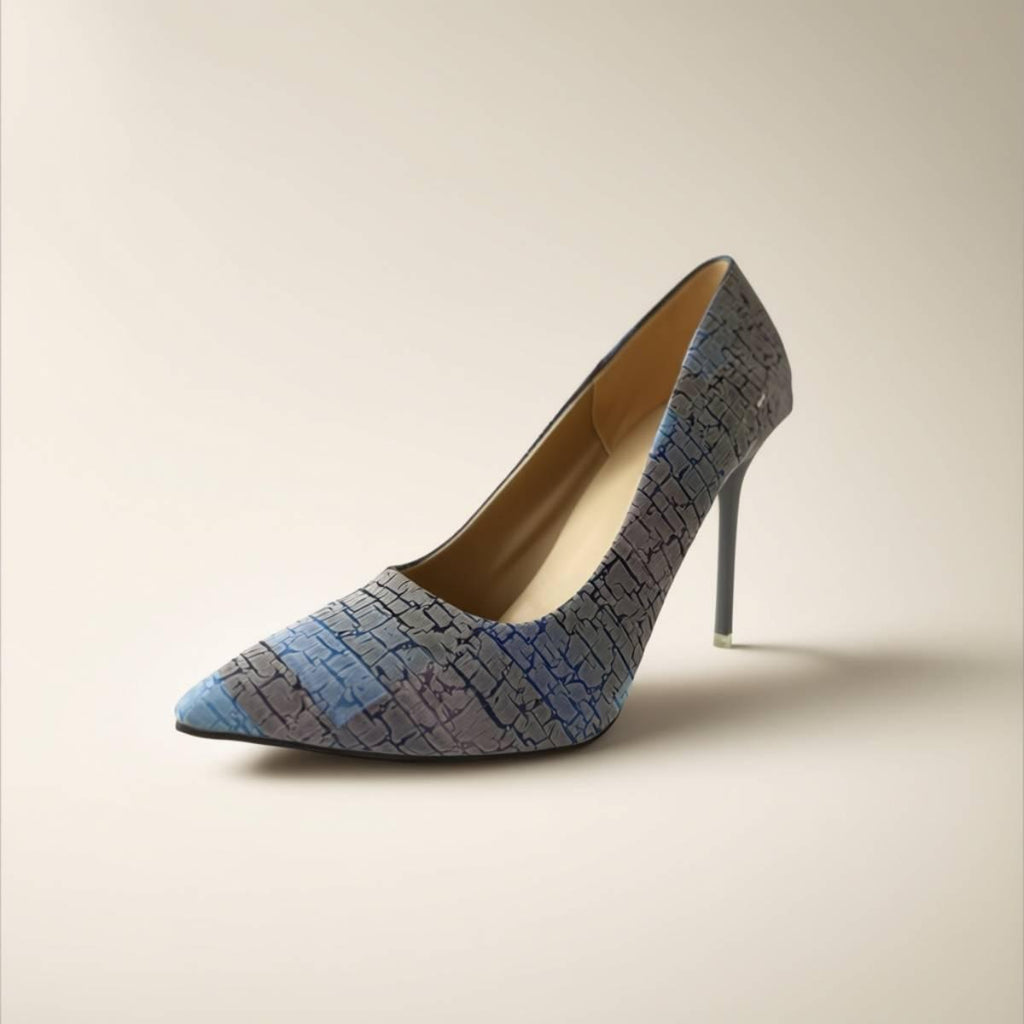 Oh! Divine Amara Textured Sky Heels in pointed-toe design, crafted in luxury blue textured finish.