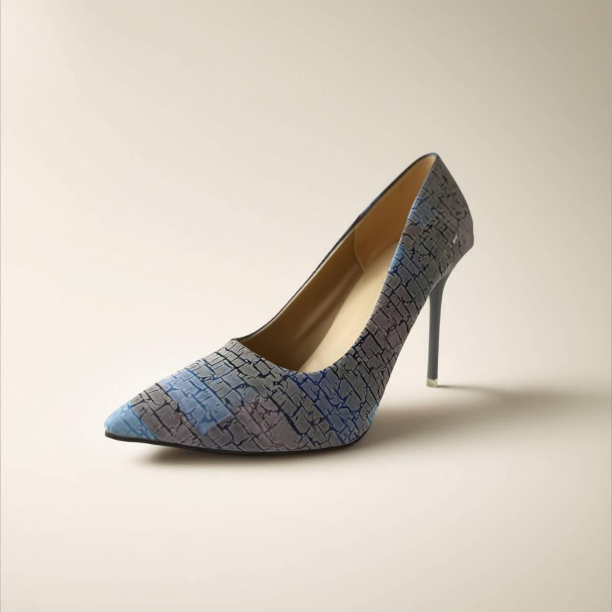 Oh! Divine Amara Textured Sky Heels in pointed-toe design, crafted in luxury blue textured finish.