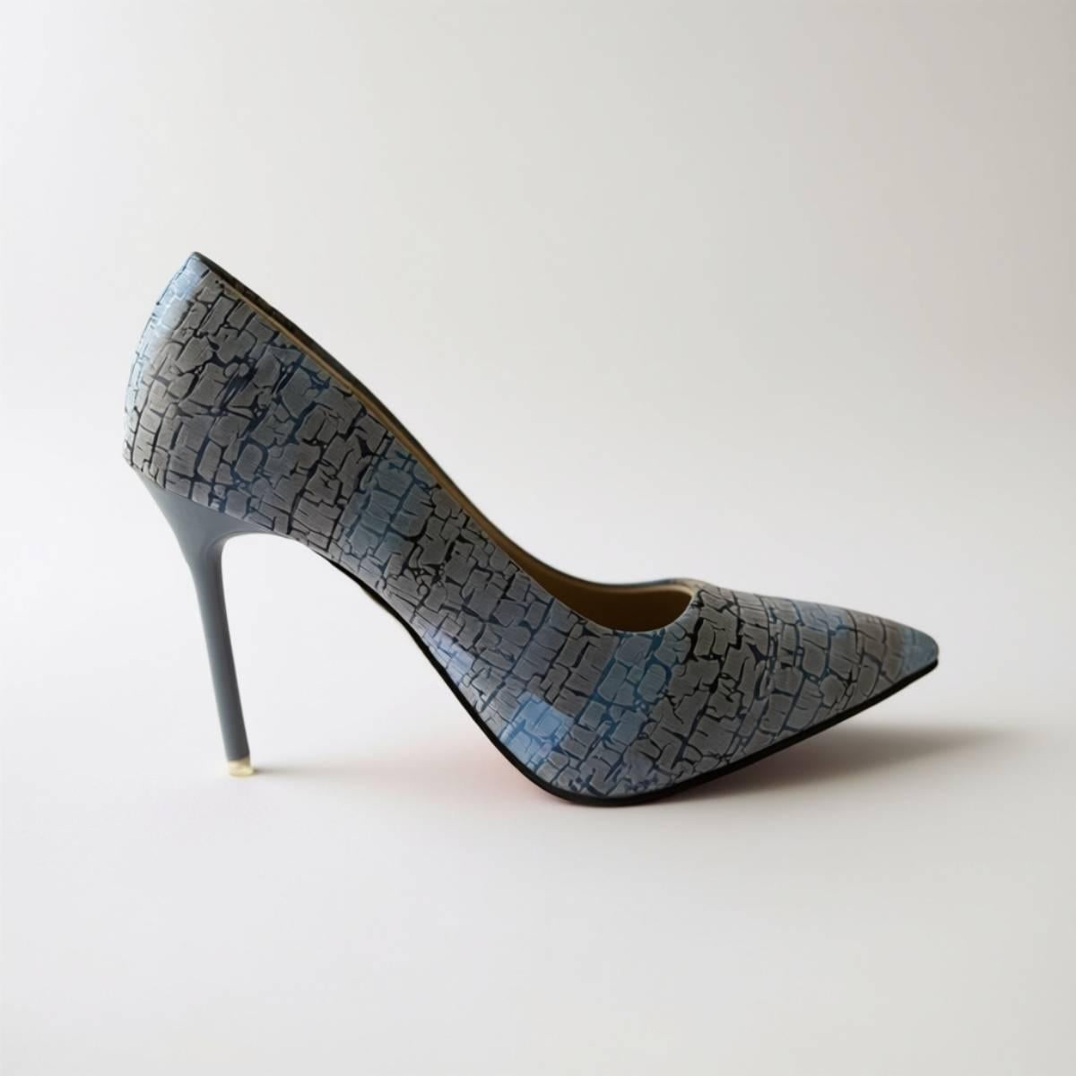 Full side view of Amara Textured Sky Heels showcasing chic pointed-toe design and stiletto silhouette.