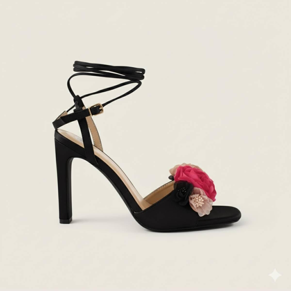 Profile side view of Oh! Divine floral black high-heel sandal with 3D flower detail and sleek satin finish.
