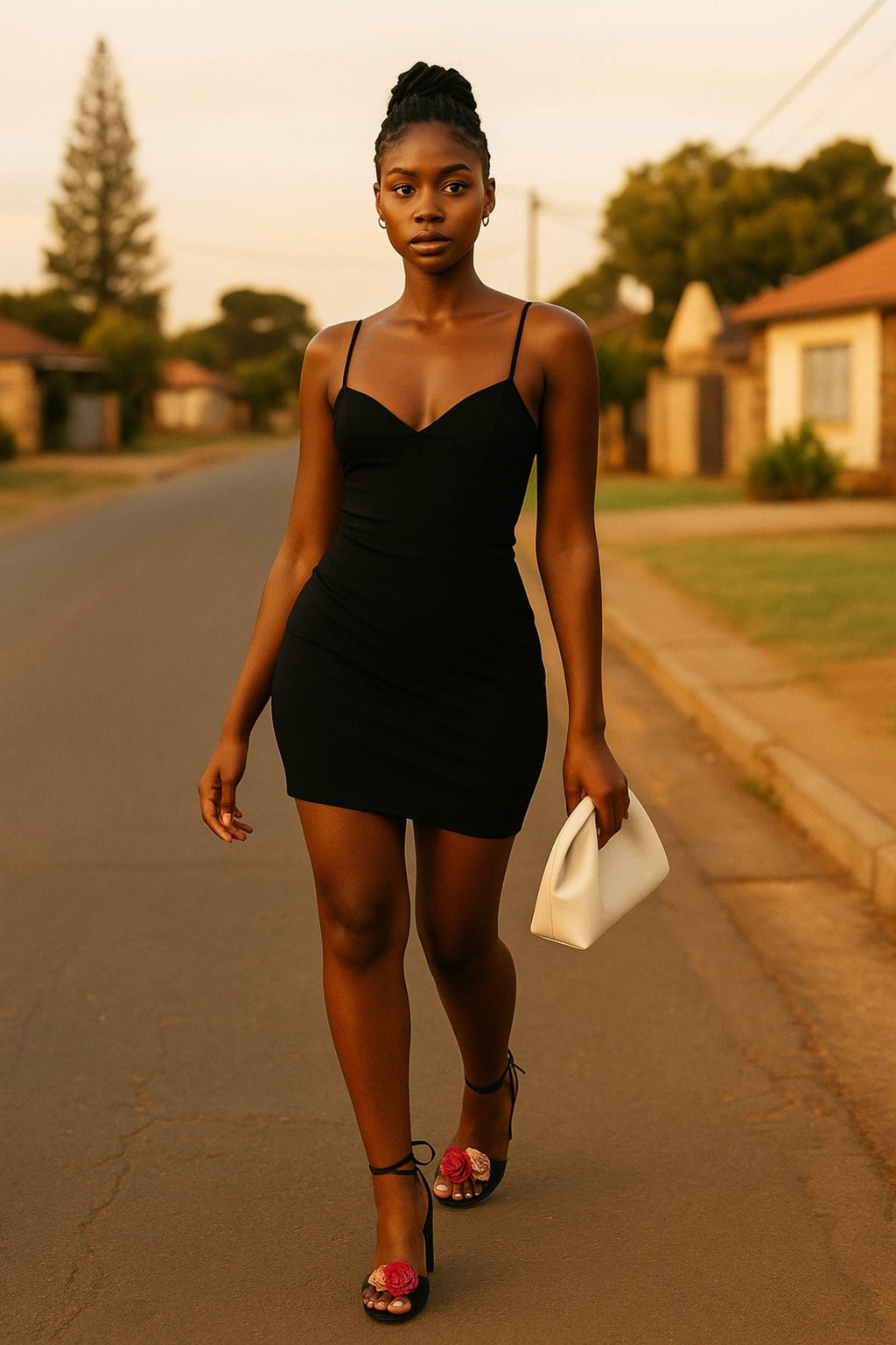 Woman wearing Oh! Divine floral black high-heel sandals with pink flower detail, styled with black dress and white clutch for evening elegance.