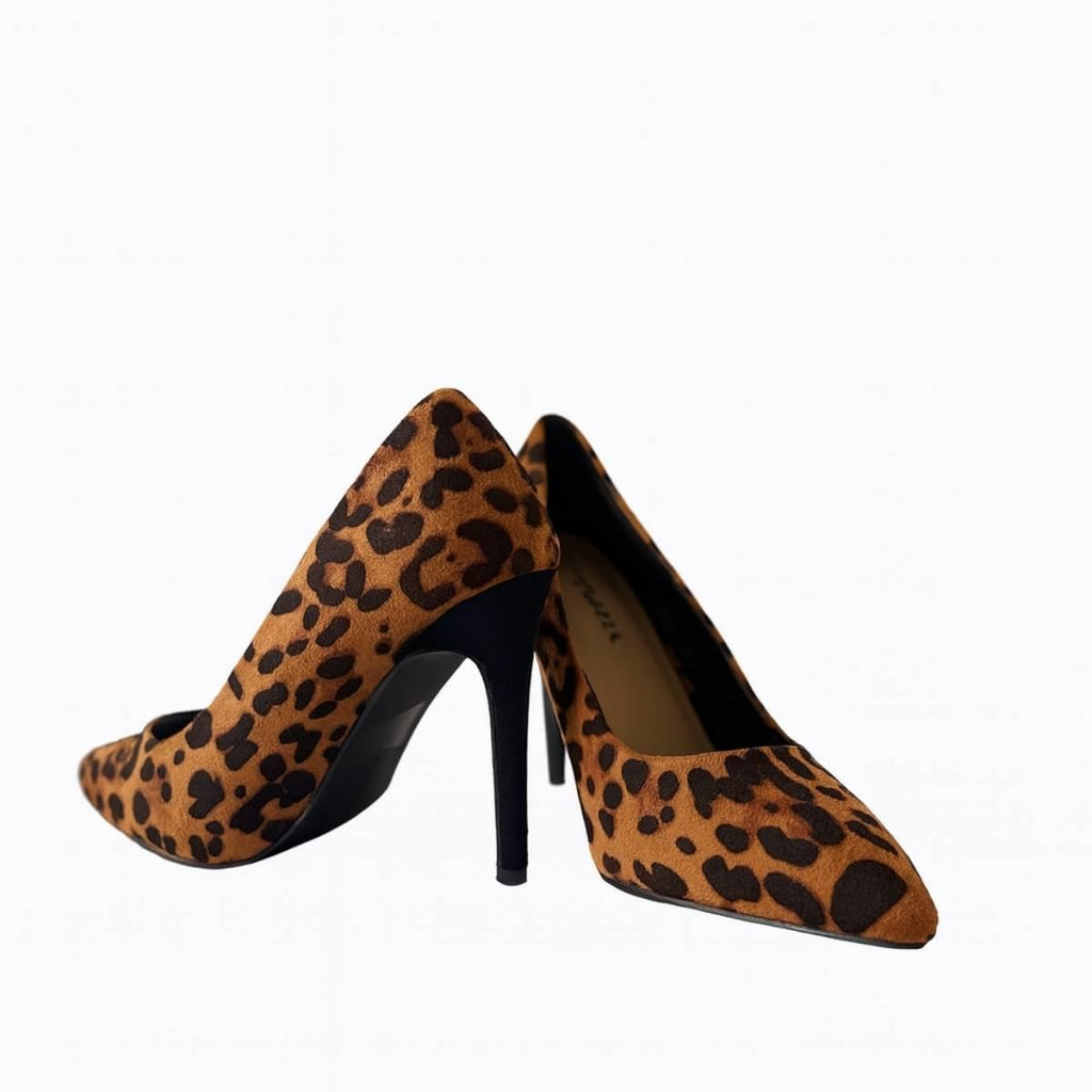 Oh! Divine Nia Wild Grace animal print high heels crafted in faux suede with feminine pointed toe and slim heel design.