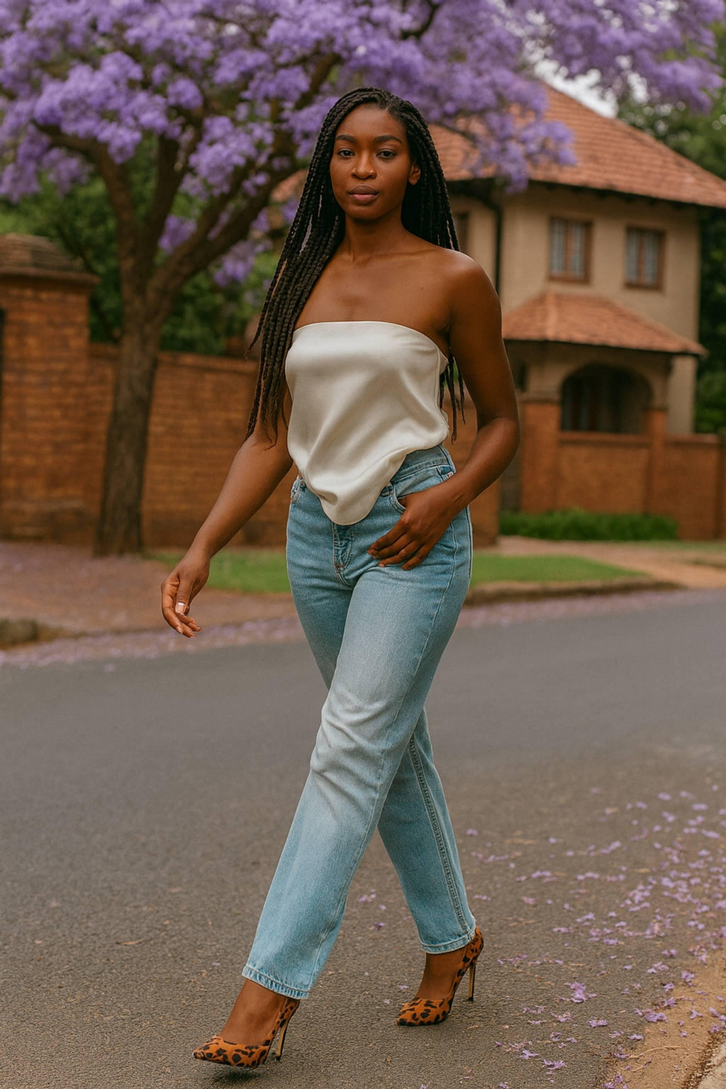 Woman walking in Oh! Divine Nia Wild Grace leopard print stilettos styled with satin top and jeans, embodying bold Afro-luxury street elegance.