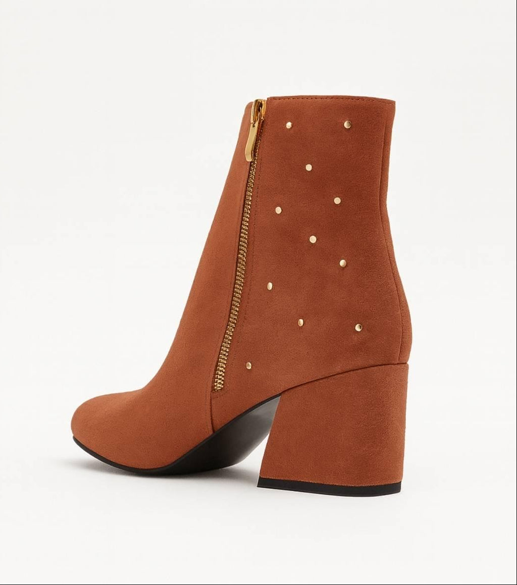 Angled back view of Studded Block Heel Ankle Boot showing gold zipper and studded detailing