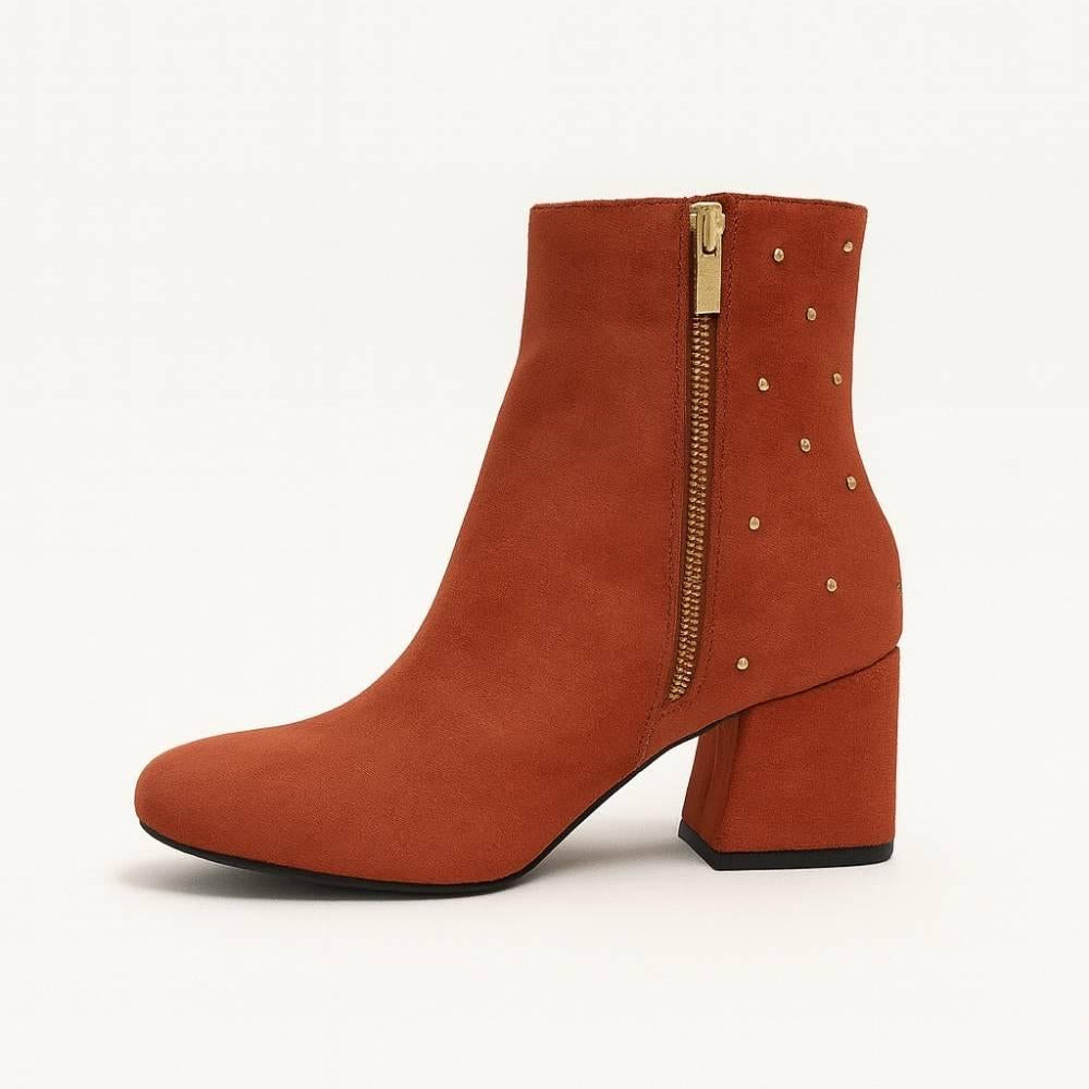 Full side profile of Studded Block Heel Ankle Boot in warm rust suede by Oh! Divine Fashion