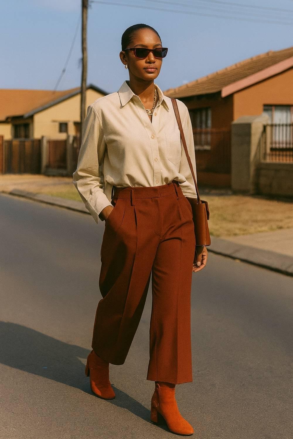 Woman wearing Studded Block Heel Ankle Boots in rust tone — chic Afro-luxury street style