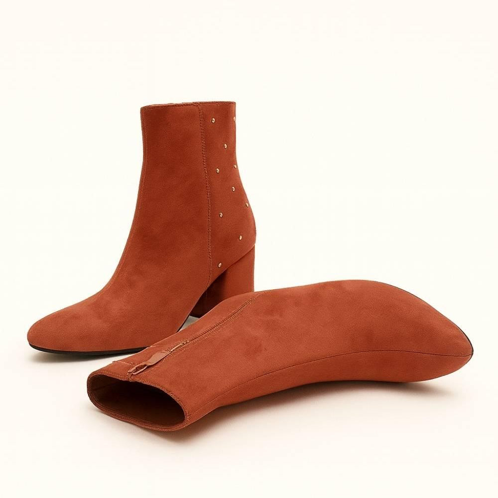 Pair of Studded Block Heel Ankle Boots showcasing soft suede texture and gold stud accents