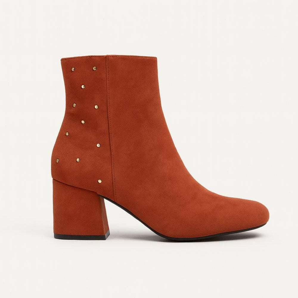 Side profile of Studded Block Heel Ankle Boot showing zipper and gold detailing