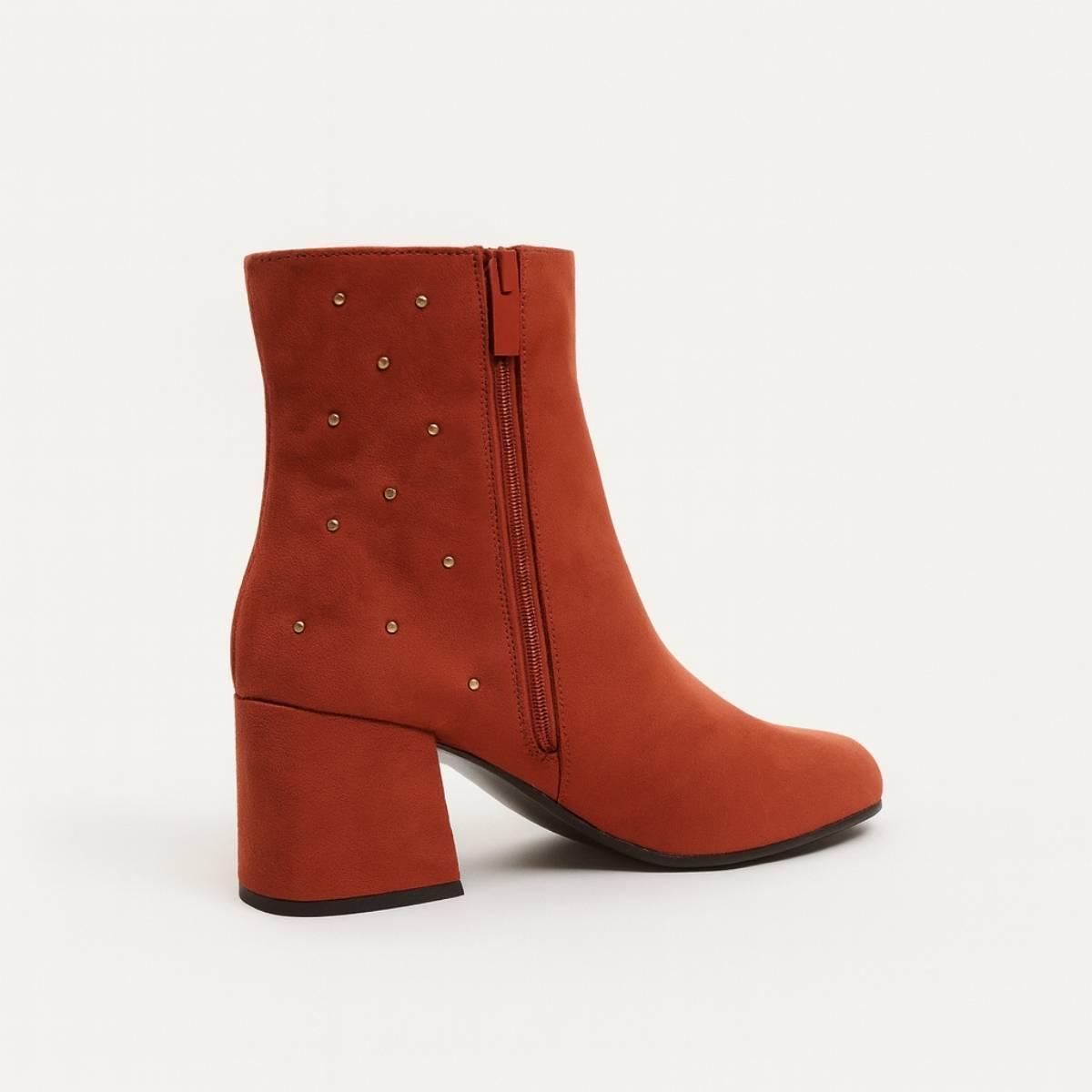 Side view of Studded Block Heel Ankle Boot in rust suede with gold studs by Oh! Divine Fashion
