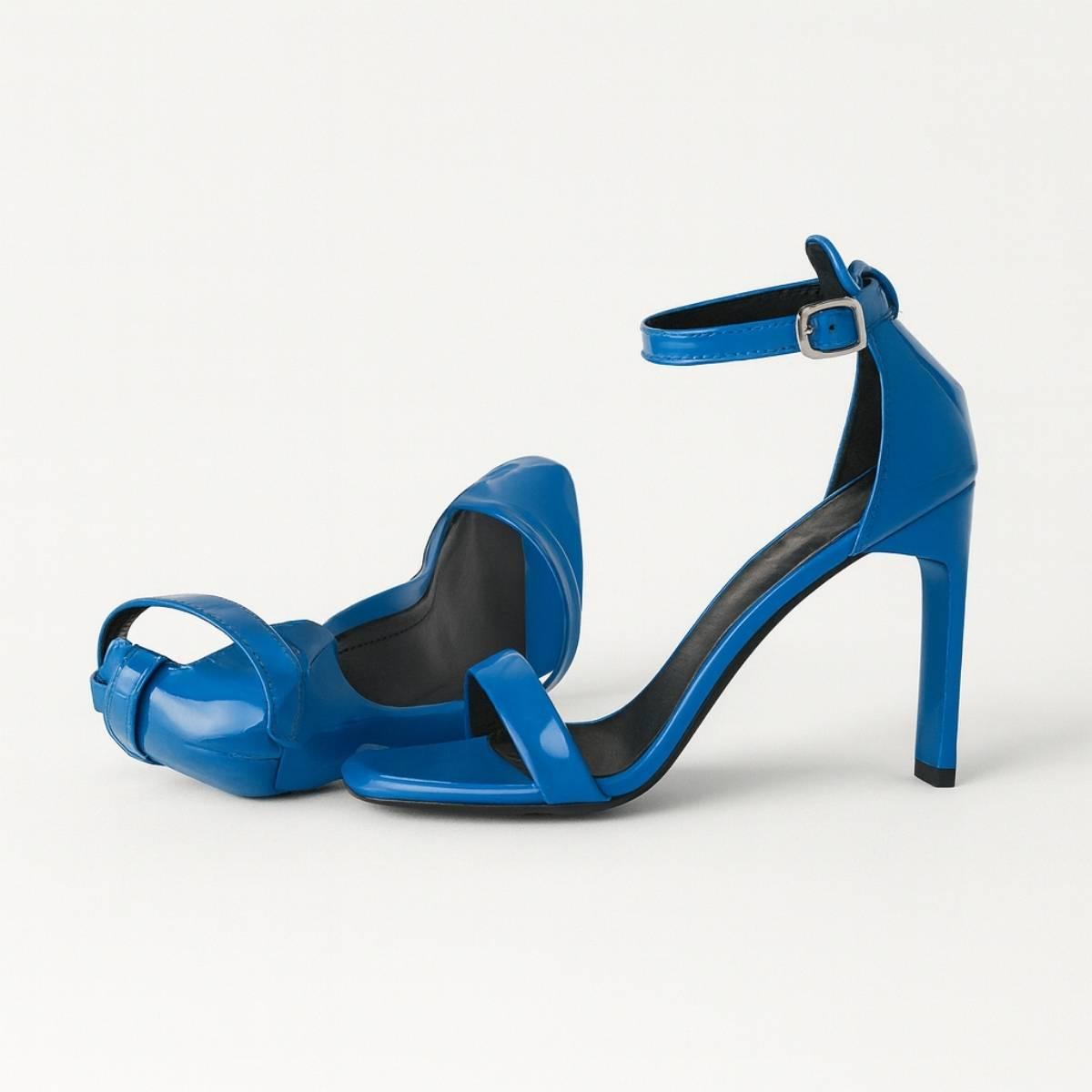 Rear angle of Valentina Cobalt Blue Ankle-Strap Heels highlighting the structured heel and elegant ankle strap