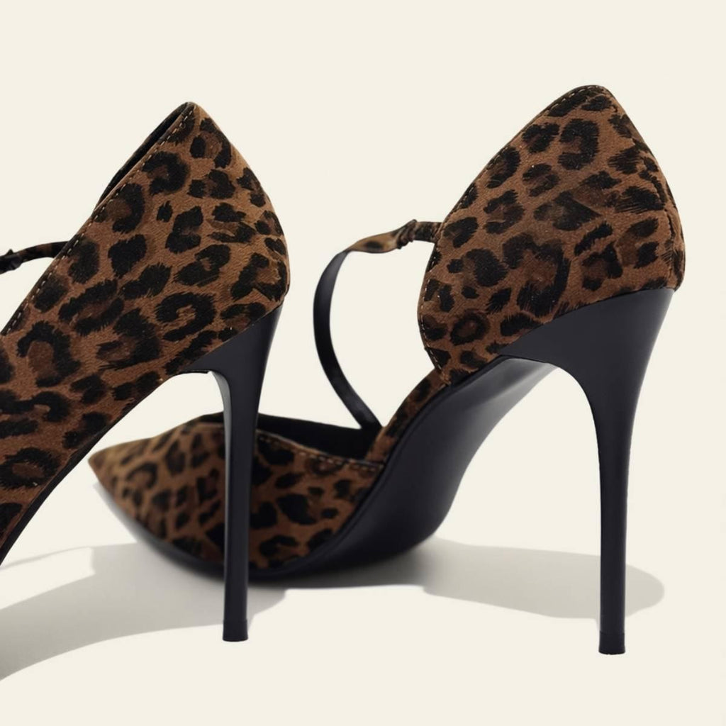 Close-up back detail of Zola Feline Luxe Stiletto Heel emphasizing slender heel and faux suede leopard texture