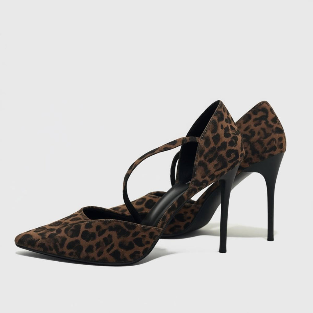 Close-up of Zola Feline Luxe Stiletto Heel showing rich leopard pattern and pointed-toe craftsmanship