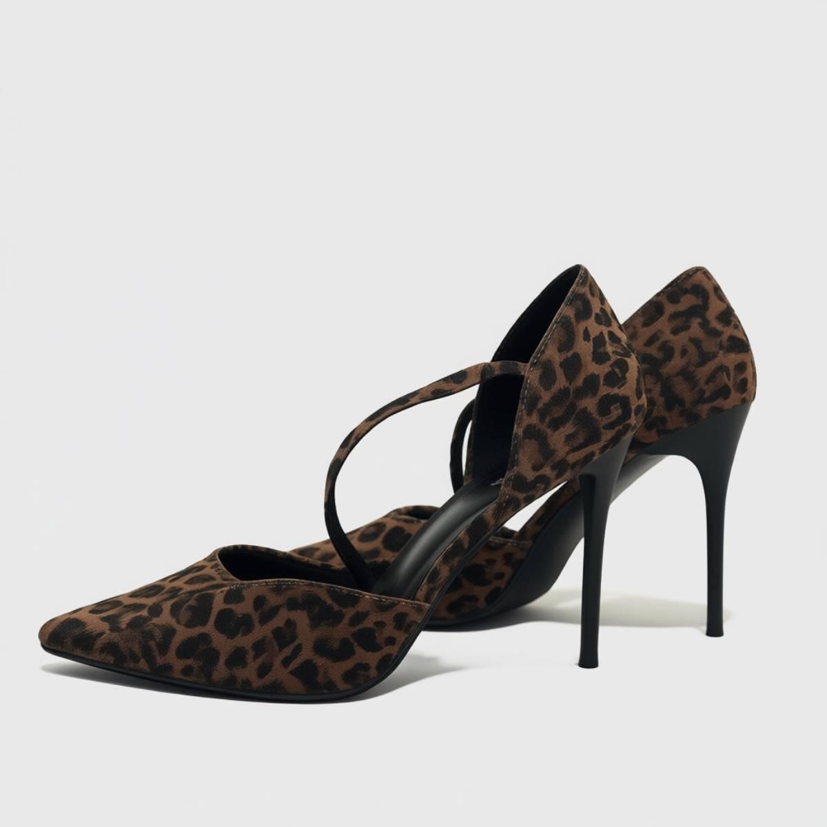 Close-up of Zola Feline Luxe Stiletto Heel showing rich leopard pattern and pointed-toe craftsmanship