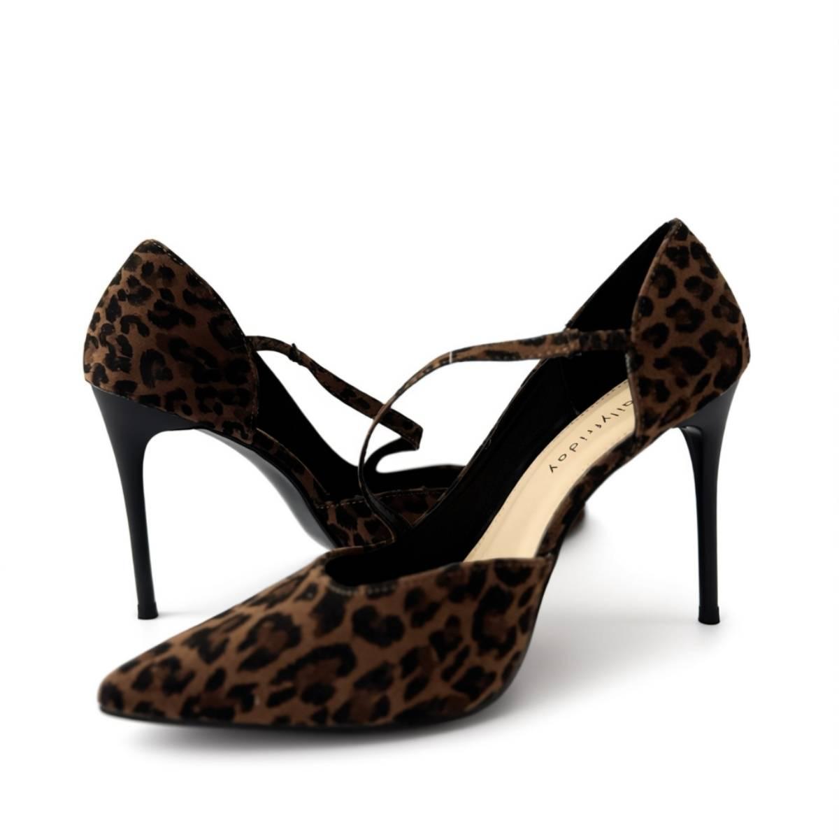 Pair of Oh! Divine Zola Feline Luxe Stiletto Heels showcasing the signature cross-strap and animal print design