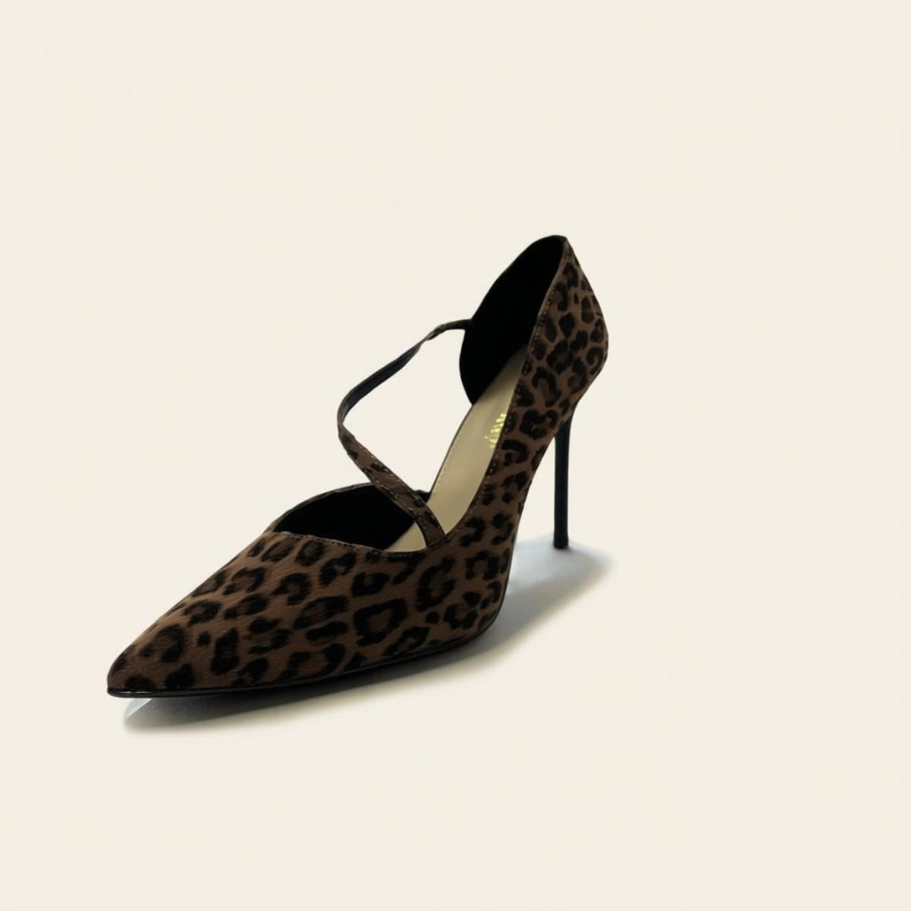 Front angle view of Oh! Divine Zola Feline Luxe Stiletto Heel in leopard print faux suede showcasing the pointed toe and sleek silhouette