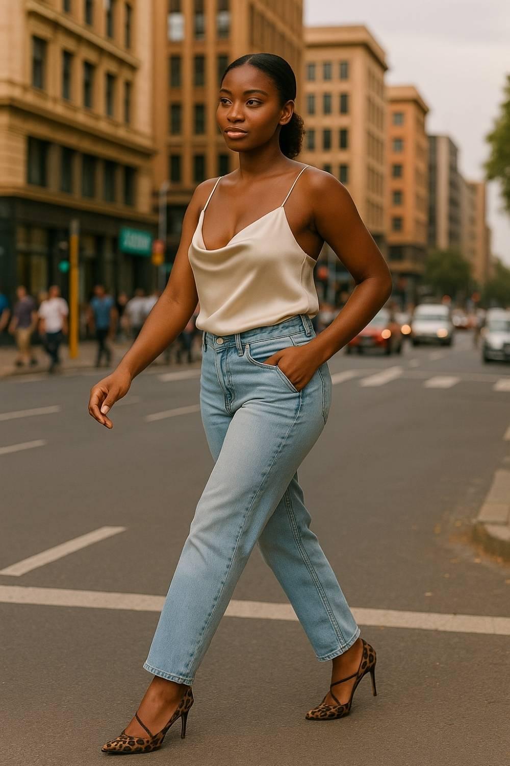 Model wearing Oh! Divine Zola Feline Luxe Stiletto Heels in leopard print styled with jeans and satin top, walking confidently through the city streets