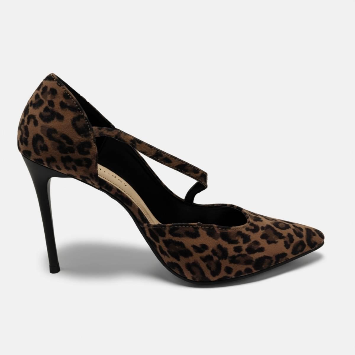 Side view of Zola Feline Luxe Stiletto Heel highlighting cross-strap detail and elegant pointed toe design in leopard print finish