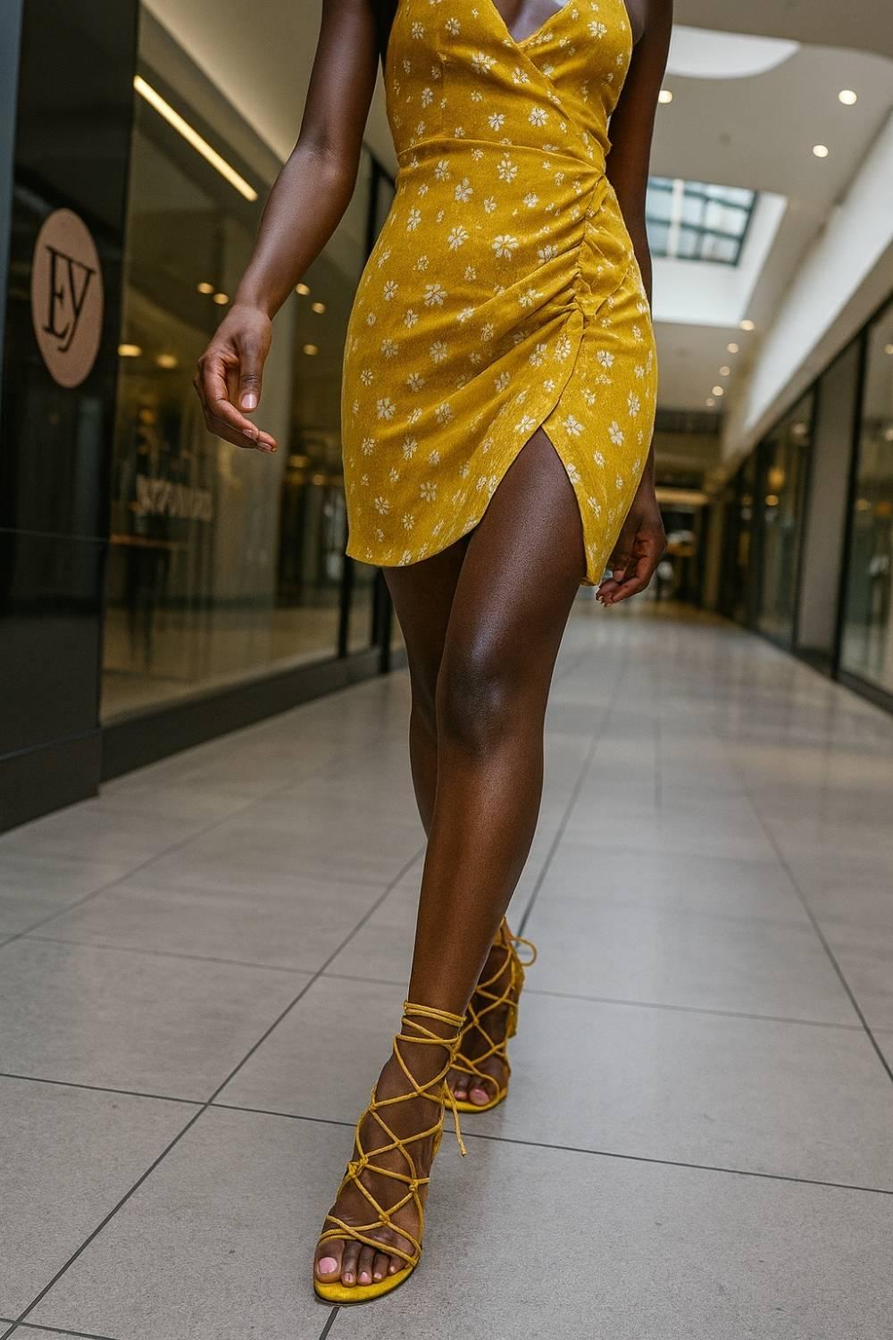 Model wearing Oh! Divine Zuri Mustard Lace Heels with yellow mini dress, showcasing lace-up straps and block heel design in an elegant city setting