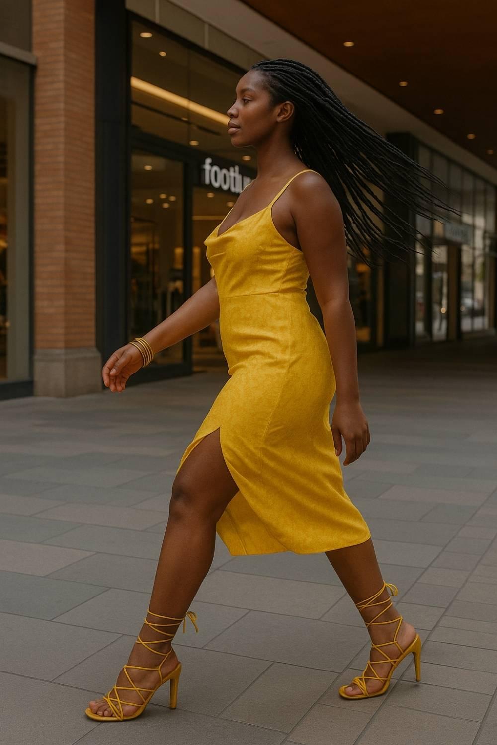 Model walking confidently in Oh! Divine Zuri Mustard Lace Heels styled with a mustard slip dress, embodying Afro-luxury fashion and summer elegance